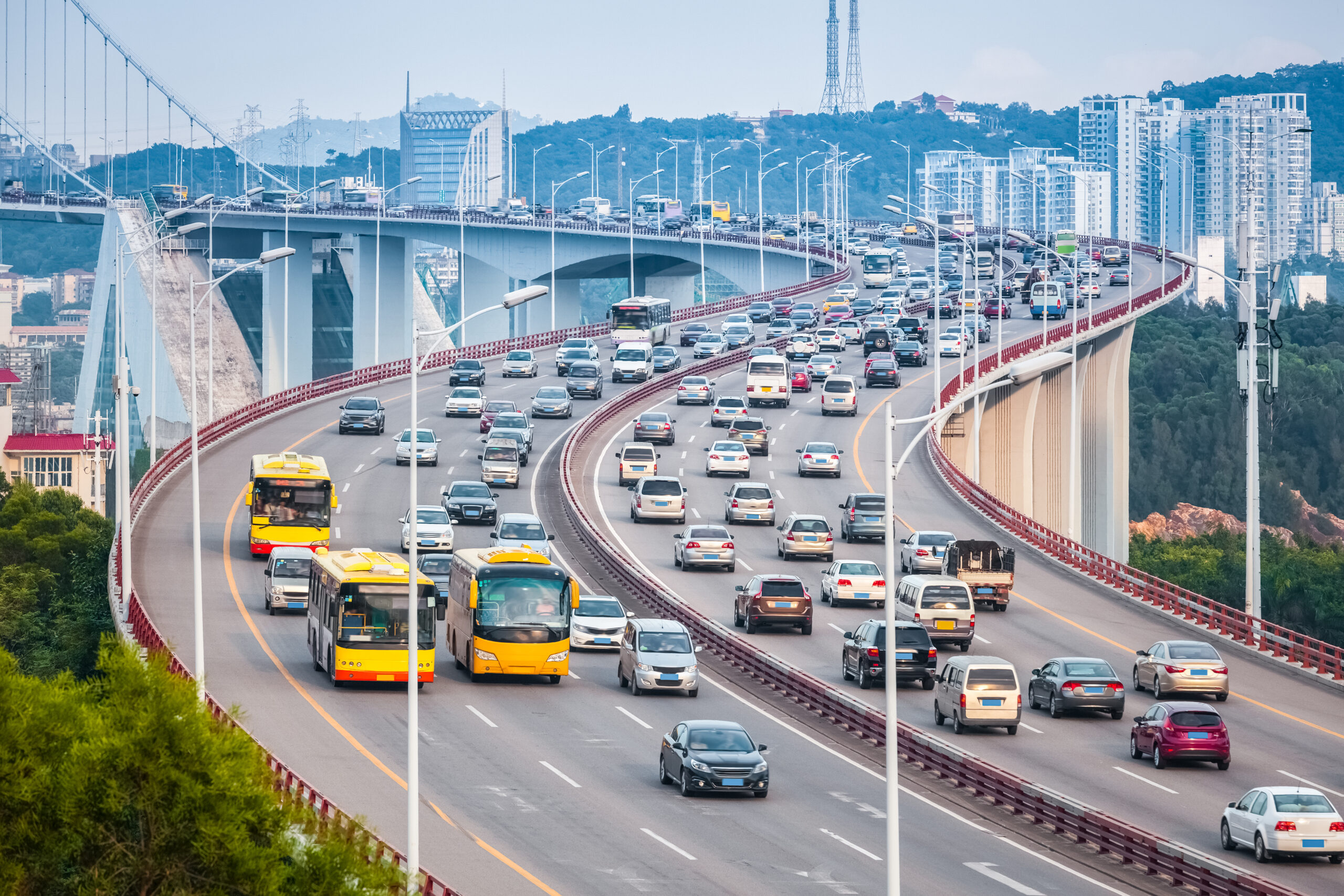 busy traffic closeup on xiamen haicang bridge and graceful curve shape