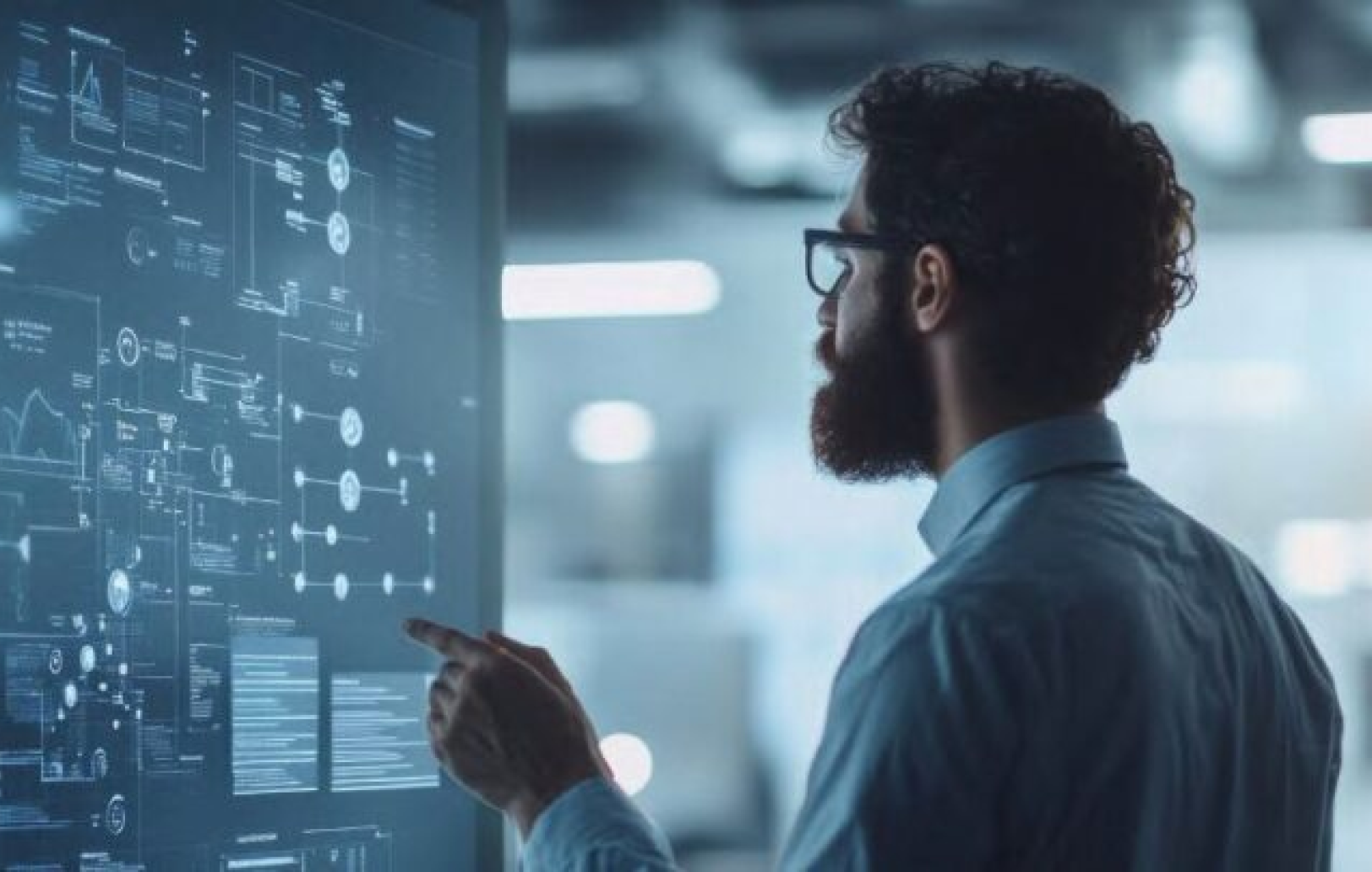data scientist, interacting with a large, interactive display full of information